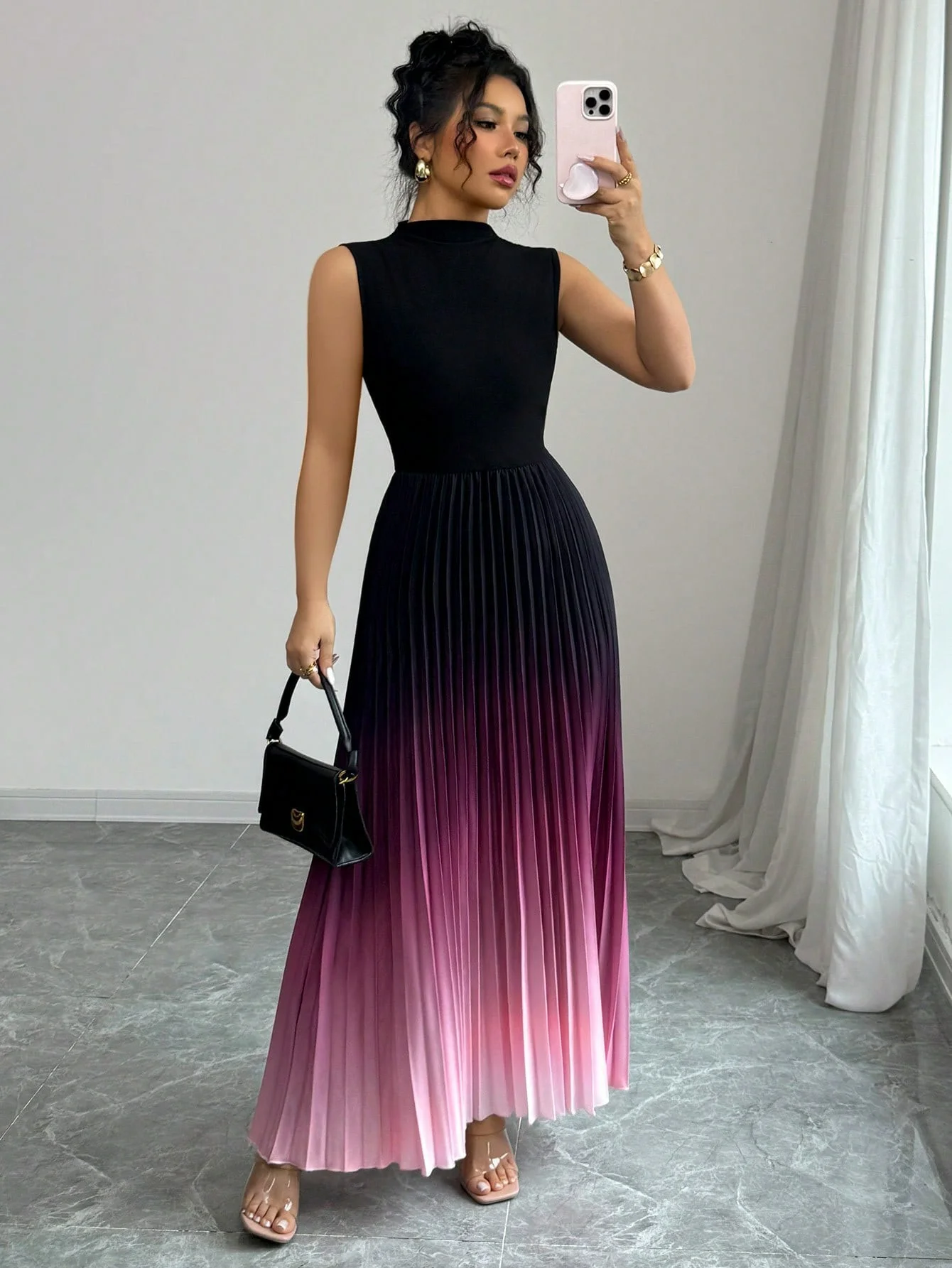 Women's Elegant Gradient Pleated Maxi Dress - Sleeveless High Neck A-Line Long Dress for Party, Wedding Guest, Cocktail & Daily