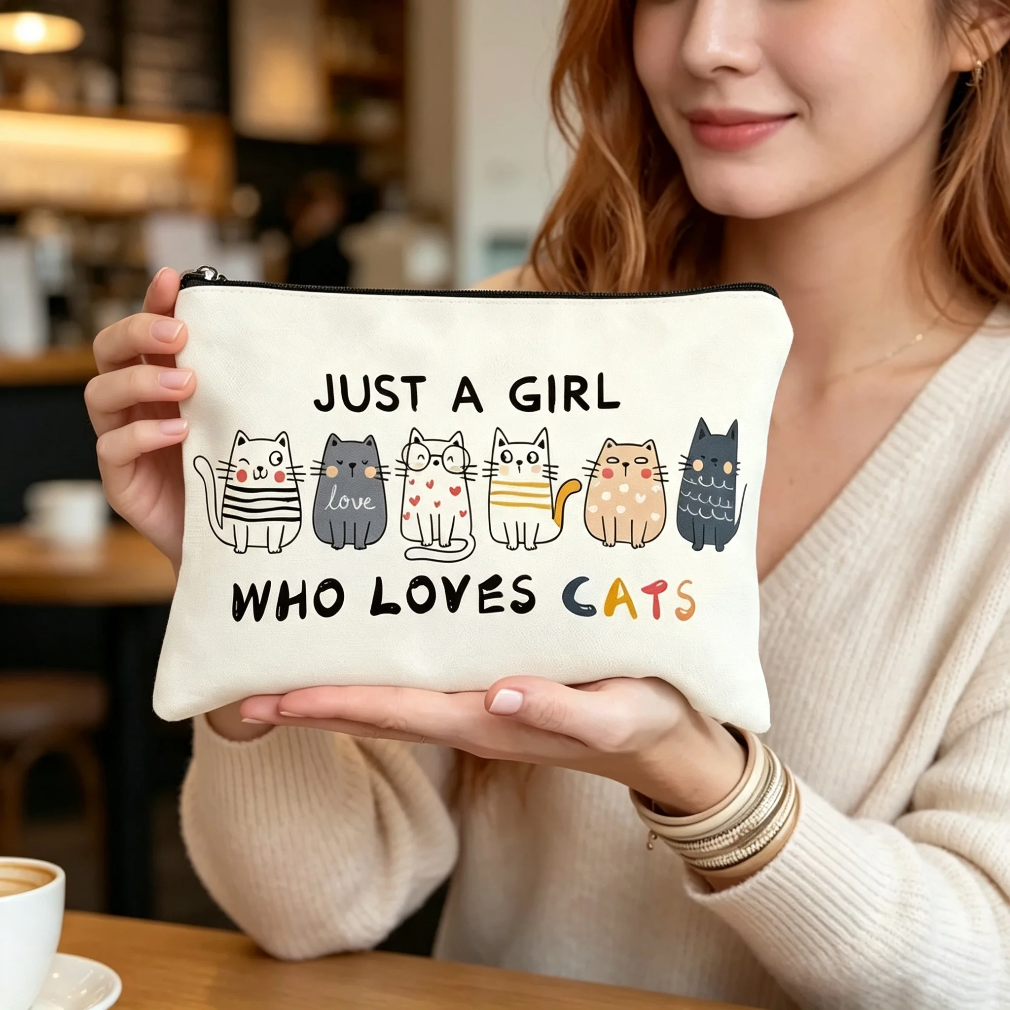 Just A Girl Who Loves Cats Cute Cartoon Kitten Print Canvas Makeup Bag Zipper Cosmetic Pouch Portable Storage Bag for Cat Lovers