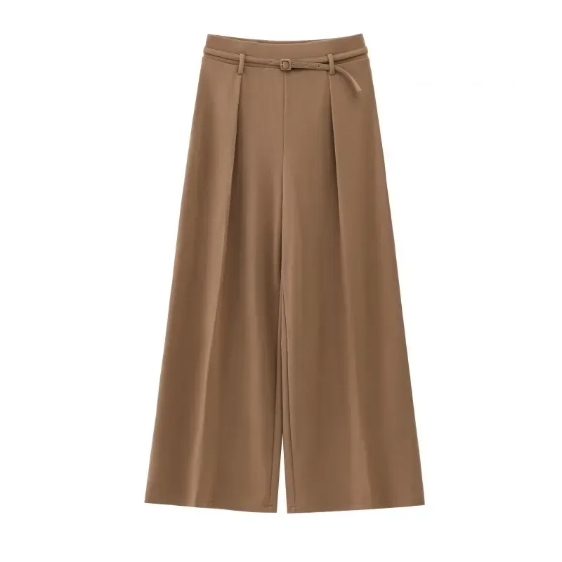 

TRAFZR Woman Trousers Baggy Pants for Women England Style Sashes Wide Pants Solid Basics Ladies Fashion Minimalist Trousers