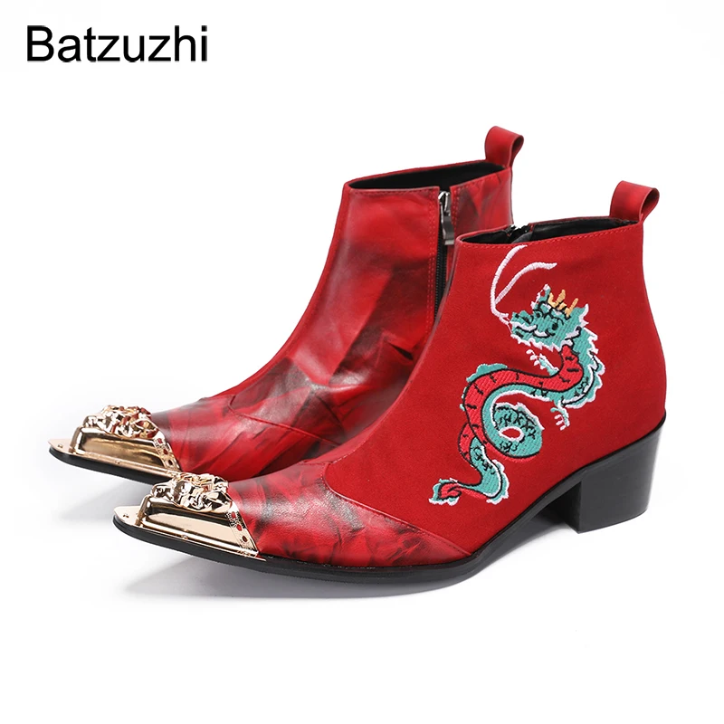 

Batzuzhi High Heel 6.5cm Red Suede Ankle Boots Men Pointed Metal Toe Zip Genuine Leather Men's Boots Luxury Handmade! Big Sizes