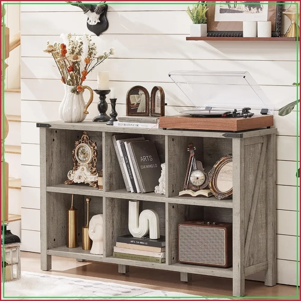 Farmhouse 6-Cube Bookshelf, Rustic Grey Oak Wood Storage Organizer, 47-Inch Tall Bookcase