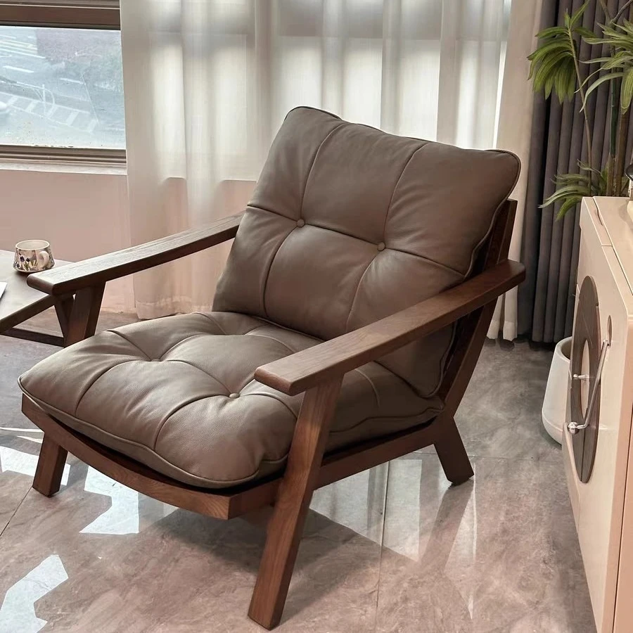 Medieval style ash wood solid wood leather lounge chair Zen tea room vintage casual lazy sofa tea chair book newspaper chair