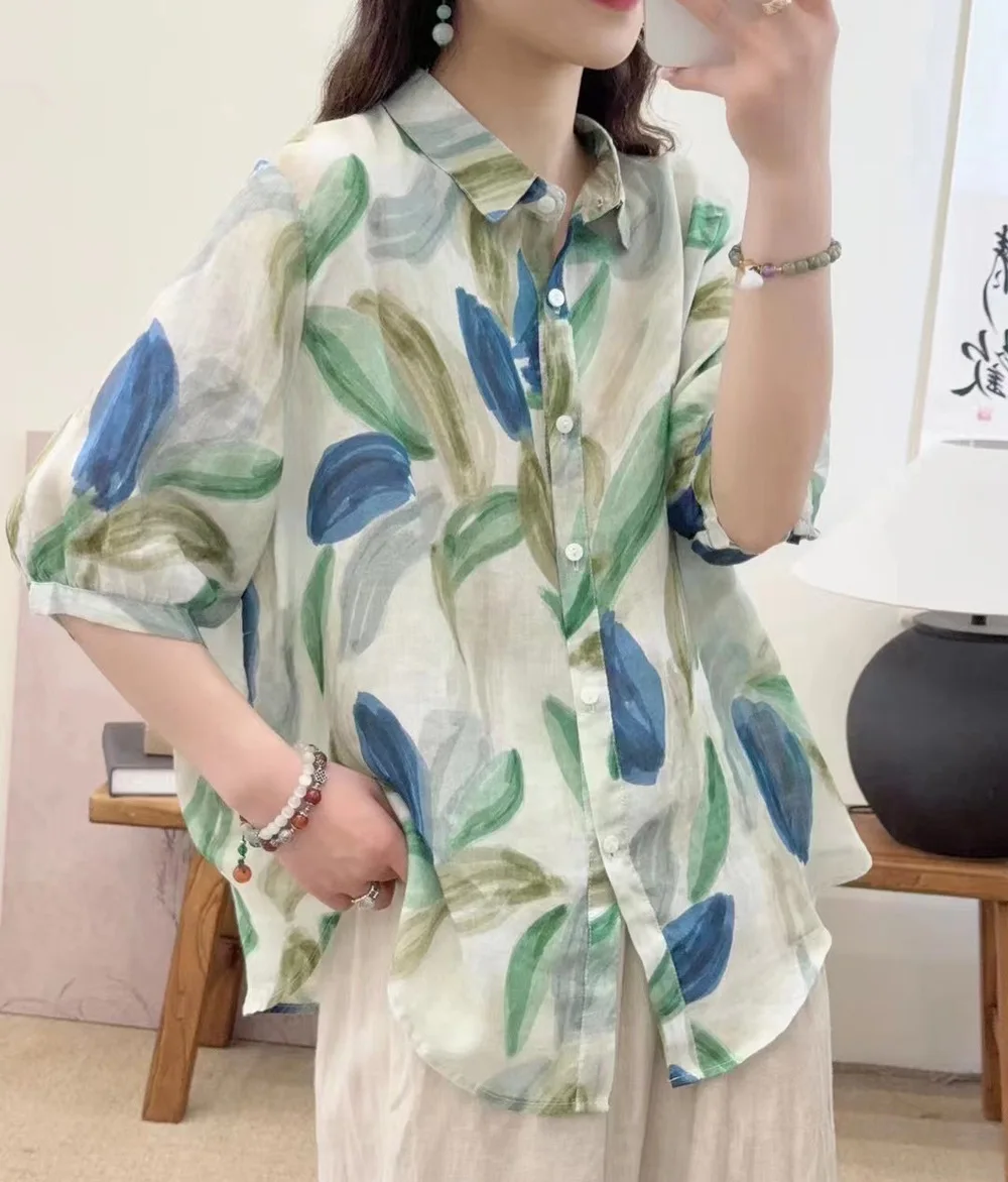 New Summer Cotton Linen Half Sleeve Shirt Lapel Printed Tops Mori Girl Casual Loose Commute Retro Blouse 2024 Autumn T46748QC