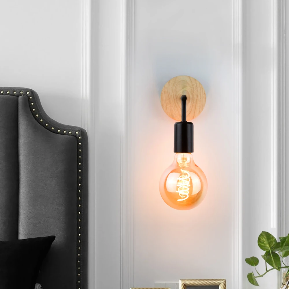 

Retro Wood Wall Lamp E27 Vintage Loft Industrial Decoration Sconce Bedside Wall Light Fixture Indoor Lighting Bedroom luminaire