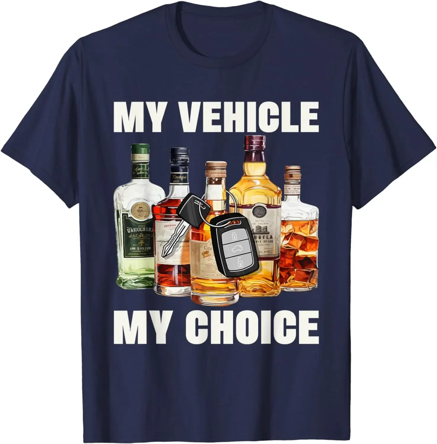 MY VEHICLE MY CHOICE T-Shirt Interesting Wine Bottle and Car Key Prints T Shirt Drunk Driving Cotton T-Shirt Streetwear Men Tops