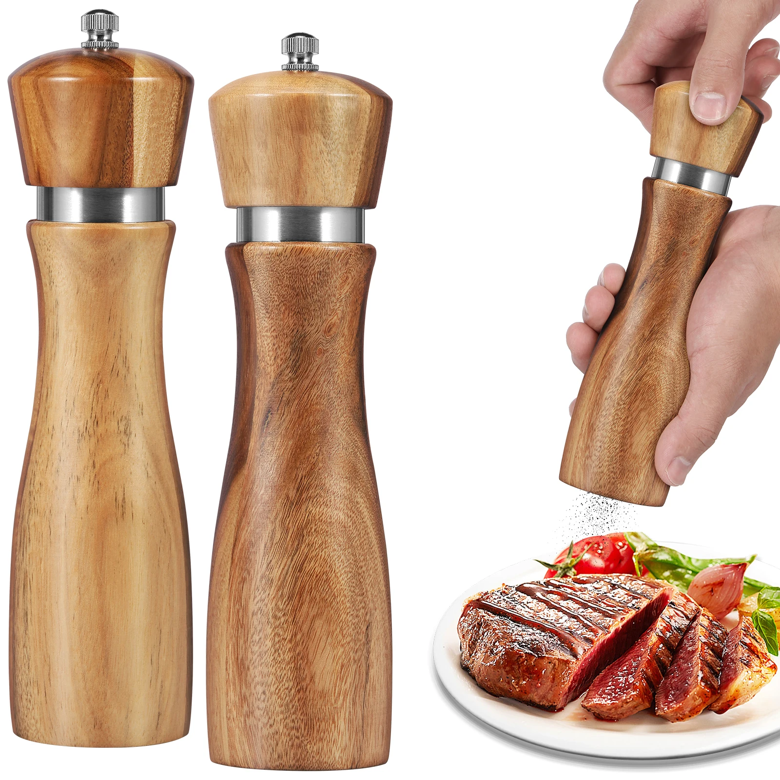 New 2Pcs Wood Salt and Pepper Grinder Set Manual Salt Pepper Mill Grinder Coarseness Adjustable Salt Grinder with Ceramic Core