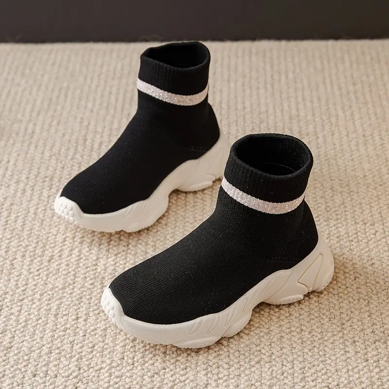 Kids Knitted Sock Shoes Fashion High Top Breathable Sneakers for Boy Girl Slip on Ankle Boots Non-slip Casual Sports Shoes Tenis