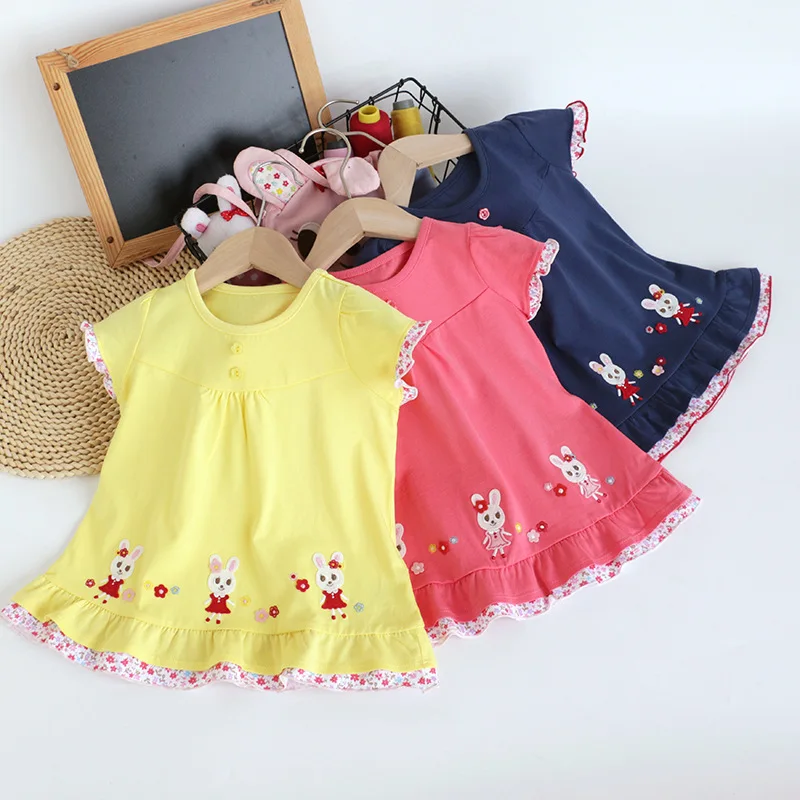 Summer New Girls' T-shirts Cartoon Flower Rabbit Embroidery Short Sleeve Skirt T-shirt Girls Clothes Graphic T Shirts Poleras