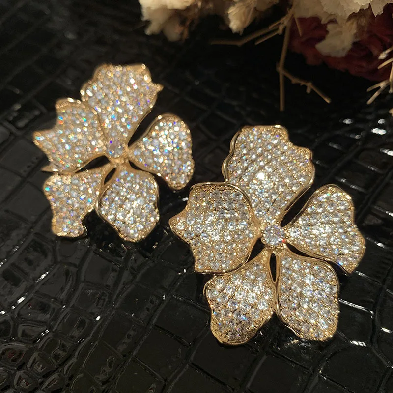 

Big Flower Earrings Silver Gold Color Zircon Wedding Bride Stud Earrings Flower Elegant Dinner Luxury Jewelry Dinner Party Gift