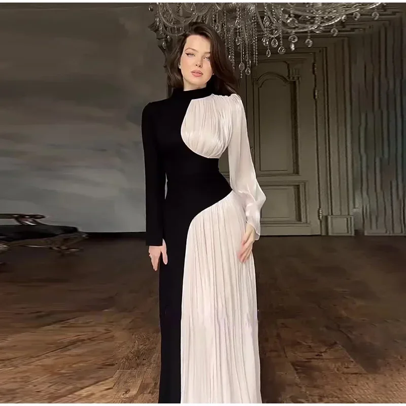 

Fashion Contrasting Patchwork Mesh Maxi Dress Elegant Half High Collar Slim Waistband Long Sleeve Robe Lady Street Party Dresses