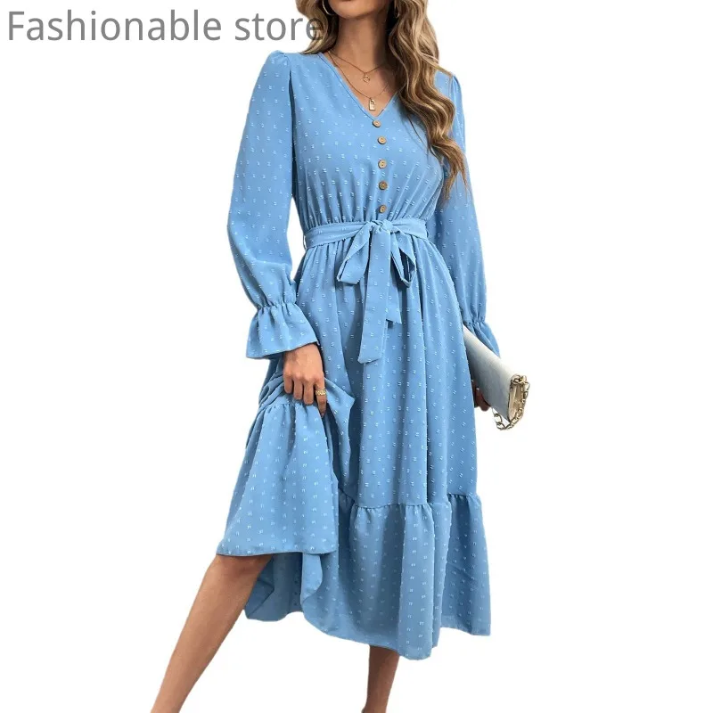 Women Casual Solid Color Long Sleeve V Neck Button Ruffles Decor Dress with Belt