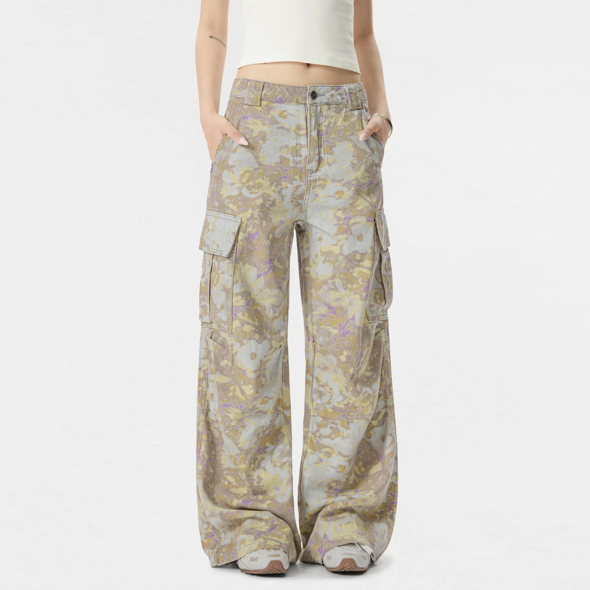 

OR FL Retro Smudging 100 Cotton Women Wide Leg Camouflage Pants Streetwear Brand High Street Niche Design Pleated Staraight Y2k