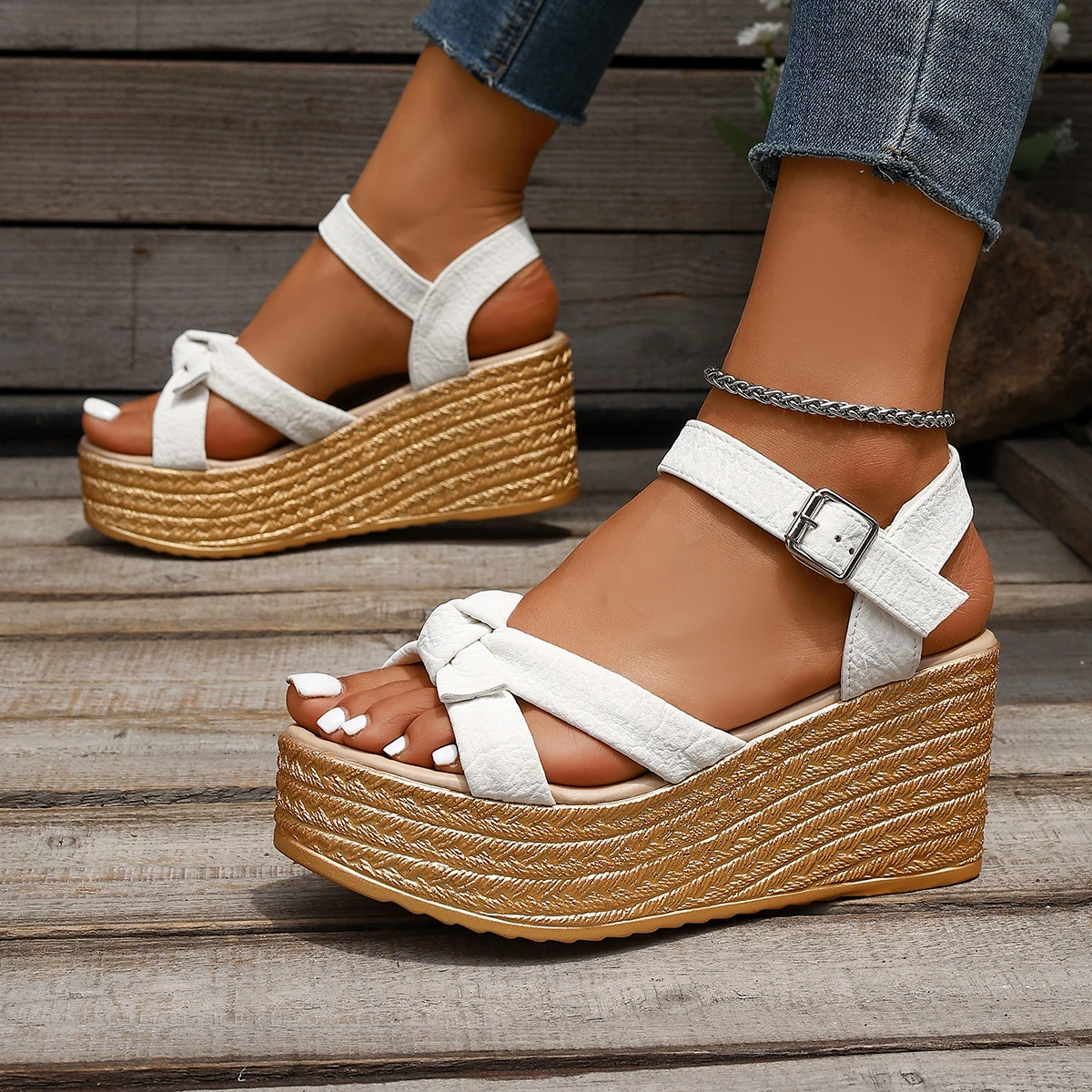 

Bowtie Decor Wedges Sandals for Women Ankle Buckle Chunky Platform Sandals Woman Summer Thick Sole Elegant Women's Shoes