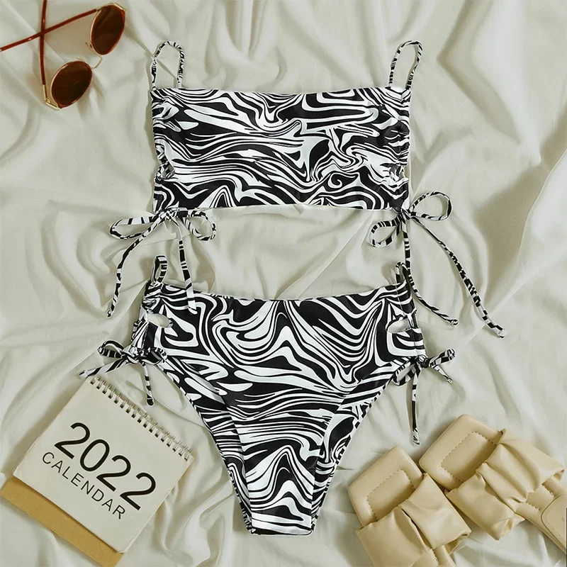 Spaghetti Straps Bandeau High Waist Summer Bikini Irregular Striped Print Side Lace-up Lady Swimsuit Beachwear