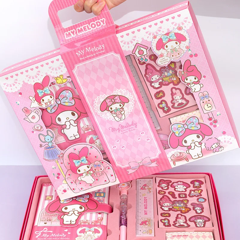 Sanrio Stationery Set My Melody Kuromi Notebook Stickers Neutral Pen Ruler Tweezers Kids Girl Material Gift Pack School Supplies