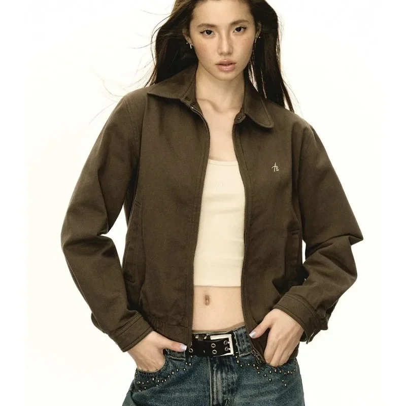 American Retro Versatile Short Jacket Women's Autumn New Loose Lapel Zipper Coats Basic Motorcycle Short Tops Girls Streetwear