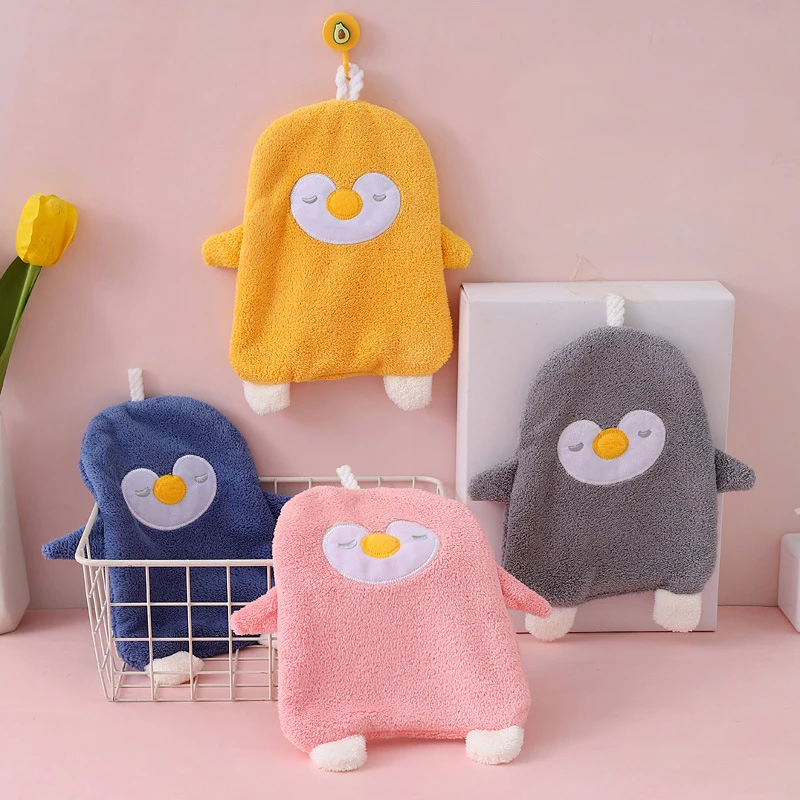Cartoon Penguin Hanging Hand Towel Coral Velvet Absorbent Quick Dry Handkerchief Cute Bathroom Kitchen Soft Towel Accessories