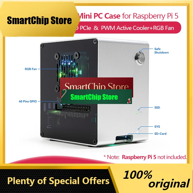 SmCpPironman 5-Mini PC Case For Raspberry Pi 5 (not Included), Supports M.2 NVMe SSD PCIe, With PWM Active Cooler+RGB Fan