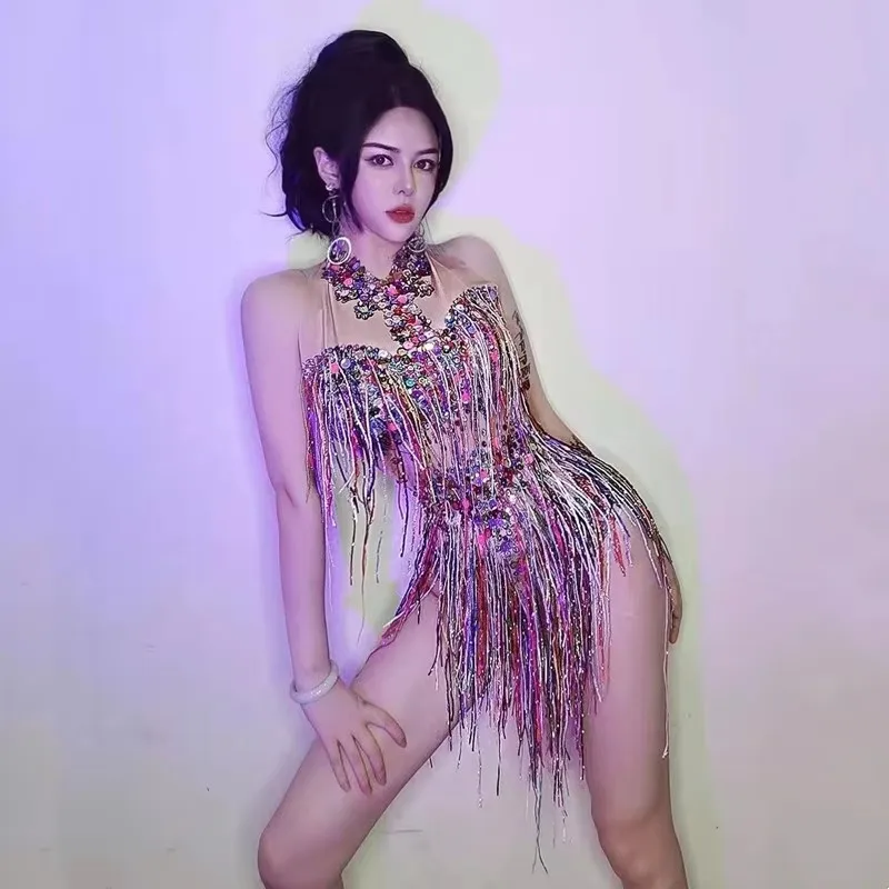 

Женский блестящий разноцветный боди с кристаллами и пайетками, с бахромой, для танцовщиц, певиц, сценических выступлений, ночных клубов, вечеринок, шоу