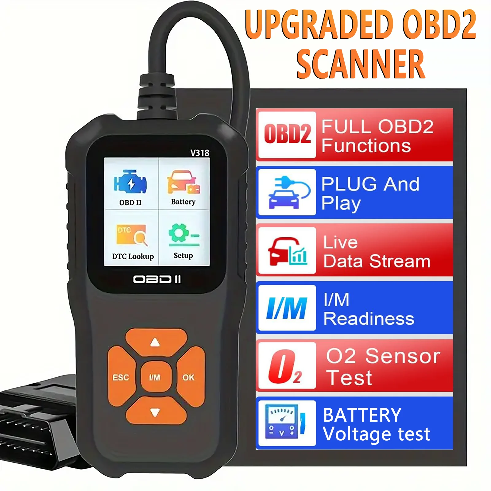 V318 Auto Diagnostic Tool Scanner Automobile Battery Tester OBD2 Automobile Clear Fault Detects Support Multiple Languages