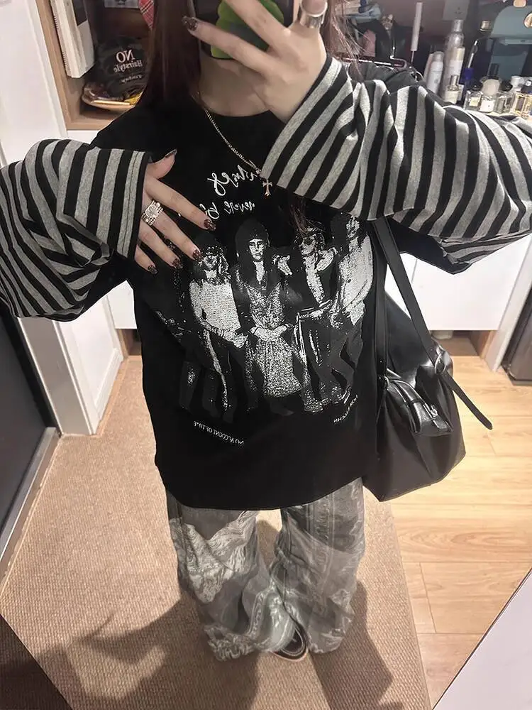 Gothic Punk Fake Two Piece T-shirt  2026 Spring Retro Rock Band Layered Long Sleeve Top Women's Loose Stylish Inner Base Layer