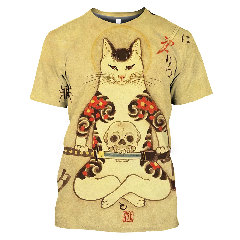 Vintage Samurai Cat Men\'s T Shirt Summer O Neck Men\'s Clothing Tops Unisex 3D Print Oversized Short Sleeve Pullover Cool Tees