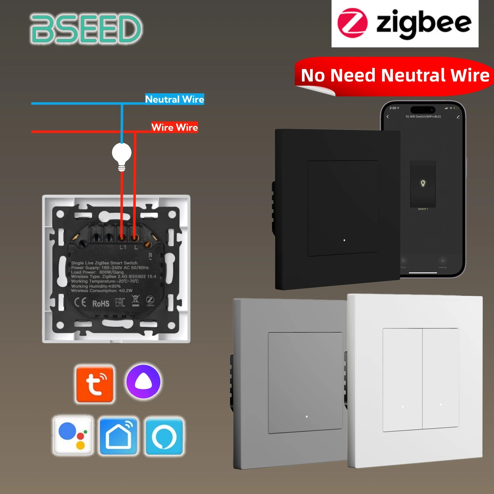 BSEED ZigBee-Schalter 86*86mm, kein Neutralleiter erforderlich, intelligenter Wand-Klickschalter, Kunststoffrahmen, Tuya Smart Life Alice APP-Schalter