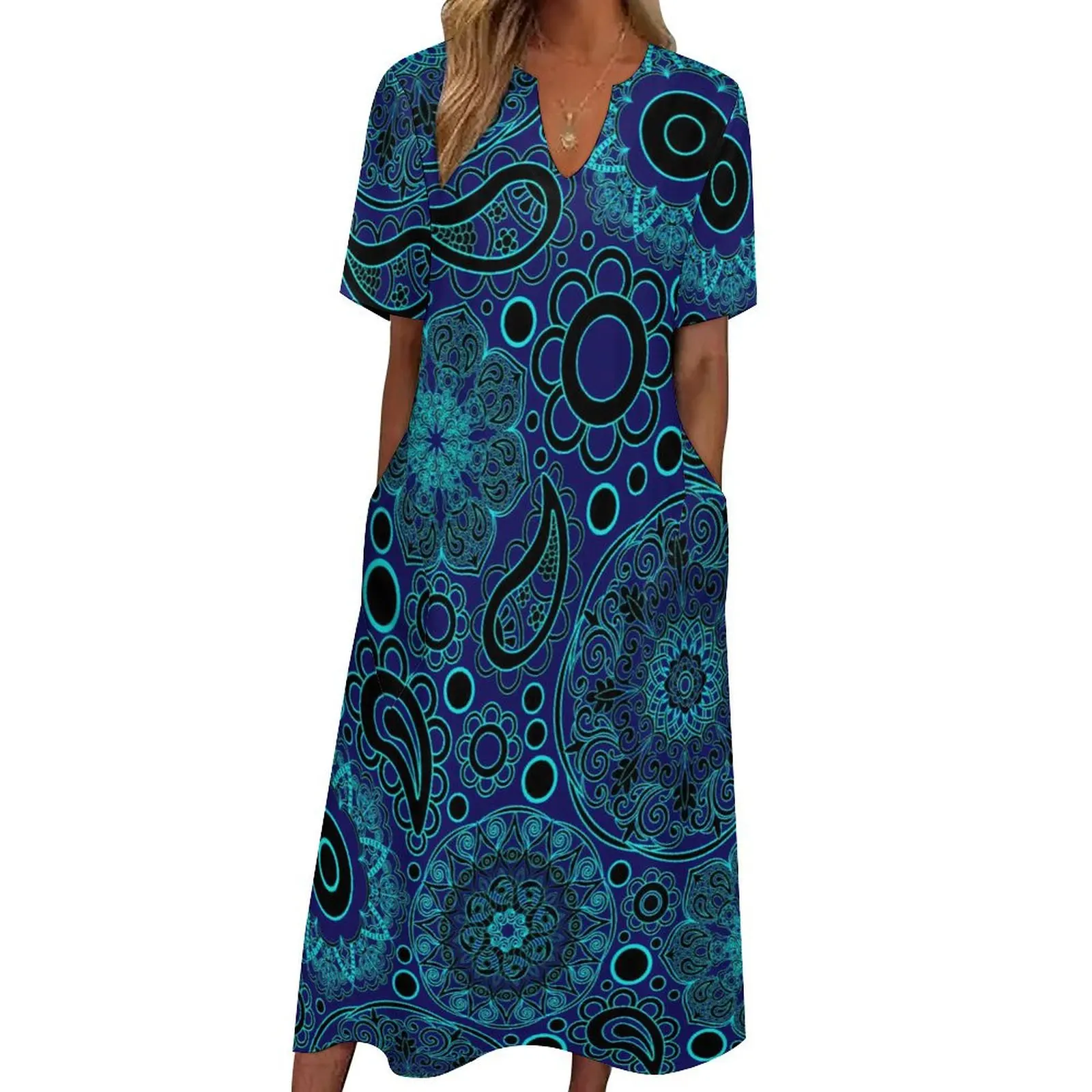 

Blue Paisley Dress Summer Boho Style Mandala Aesthetic Boho Beach Long Dresses Ladies Graphic Party Maxi Dress Large Size