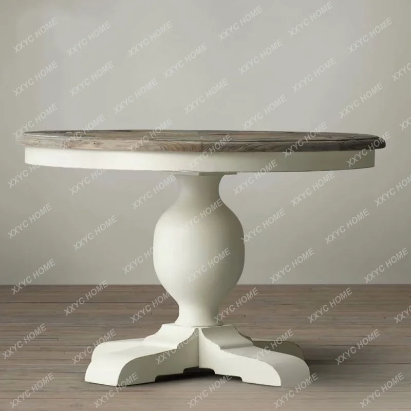 Furniture Country Solid Wood Dining Table and Chair Combination Oak Retro Old Round Dining Table