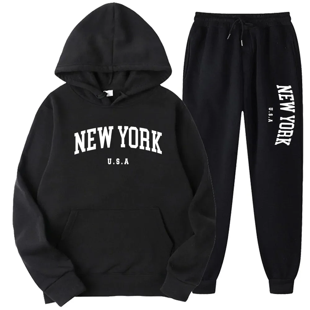 Men Women New York U.S.A City Hoodies Sets Fashion Letter Printed Graphic Sweatshirts Loose Casual Harajuku Hooded+Pants Pullove