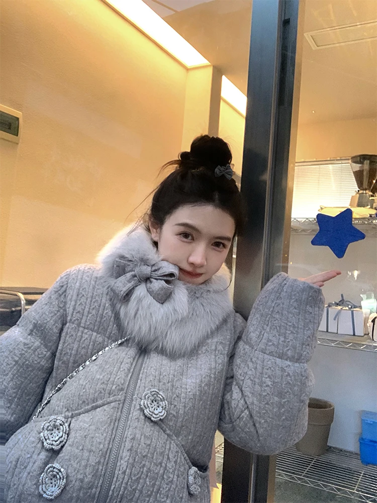 

Hand Knitted Crochet Pattern down Jaet Set 2025 Winter Faion Cute Sle 90% down Fill Long Sve Zipper Closure Tee Pi...