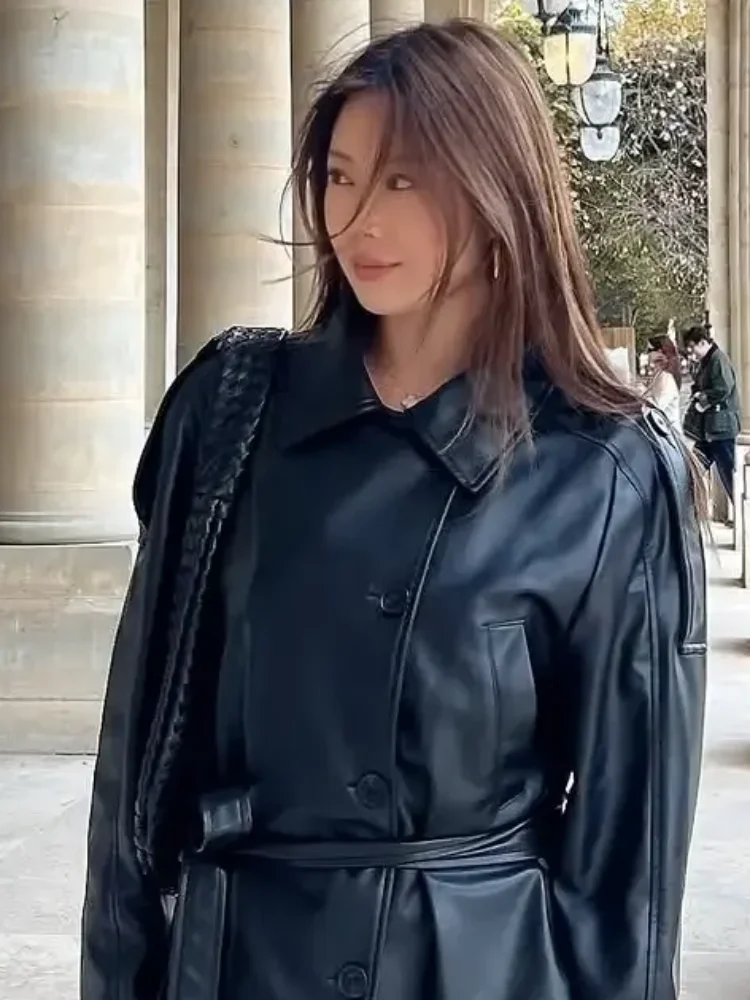 

Solid Black Glossy Lace Up Leather Jackets Lady Vintage Lapel Single Breasted Pocket Loose Coat 2026 Lady Daily Street Outerwear