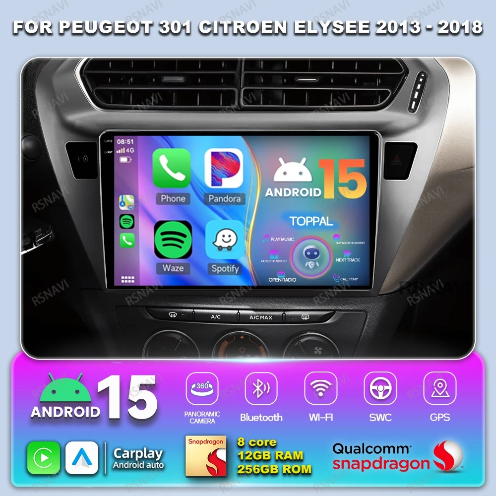 

Автомобильное радио Android 15 для Peugeot 301 Citroen Elysee 2013-2018, мультимедийное беспроводное радио Qualcomm Carplay, авто GPS, головное устройство 5G WIFI