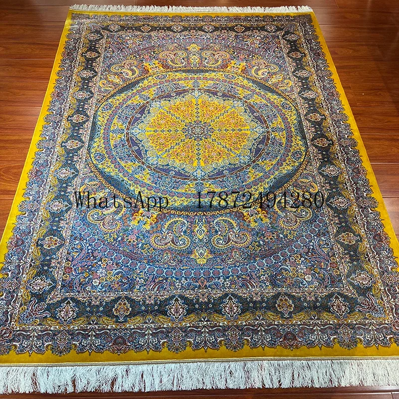 Oriental Persian Bright Blue Carpet Chinese Hand-Knotted Silk Foundation Handmade Area Rug