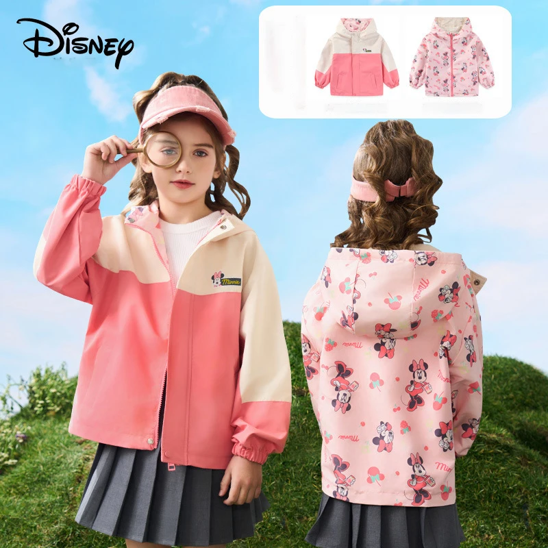 

Disney Spring Autumn Children's Jacket American Fashion Outdoor Windproof Hooded Minnie Double sided Wear Kids Cartoon Coat