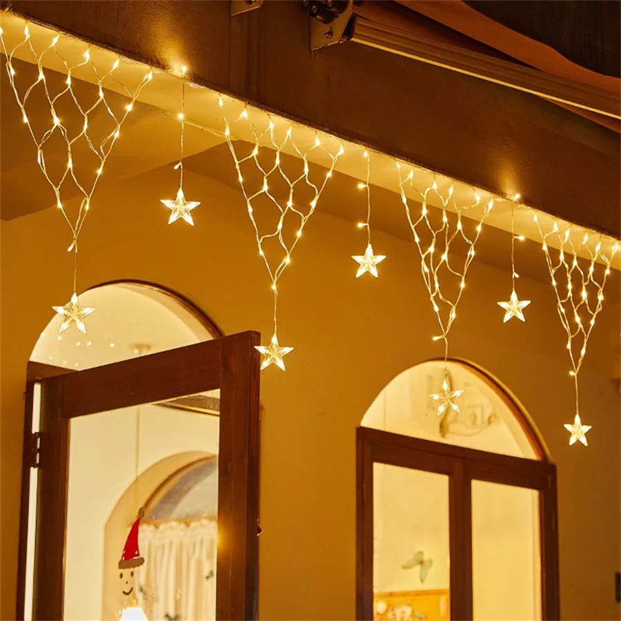 4X0.75M Christmas LED Net Light Outdoor Mesh Light 218 LED Christmas Window Curtain Icicle Light with 11 Stars for Outside Decor