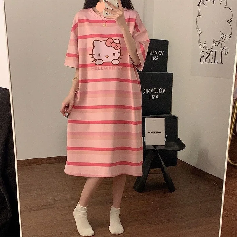 

Hello Kitty Women's Nightgown Dress Ins Japanese-Style Cartoon Striped Pink Loose Version Short-Sleeved Home Clothes