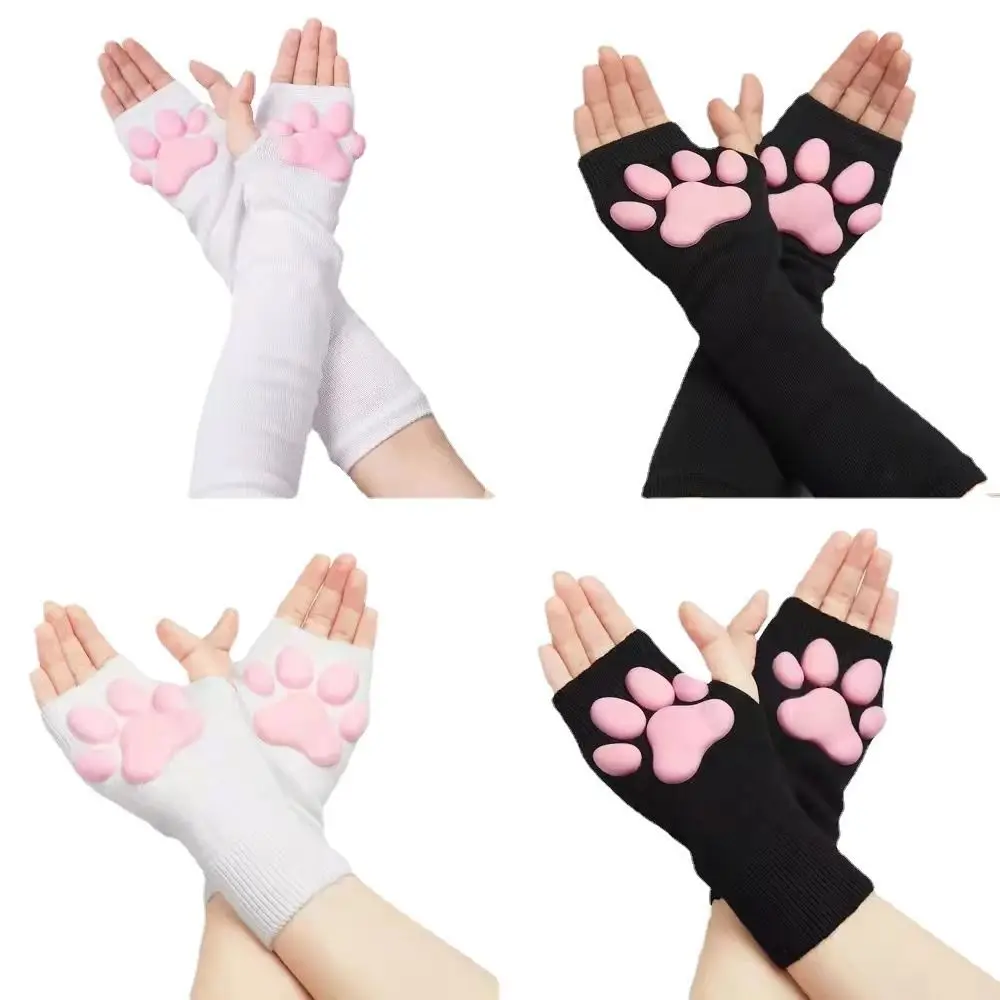 Soft Cute Cat Paw Mittens Gloves Silicone 3D Toes Beans Fingerless Mittens Cashmere Pink Warm Knitting Gloves Womens