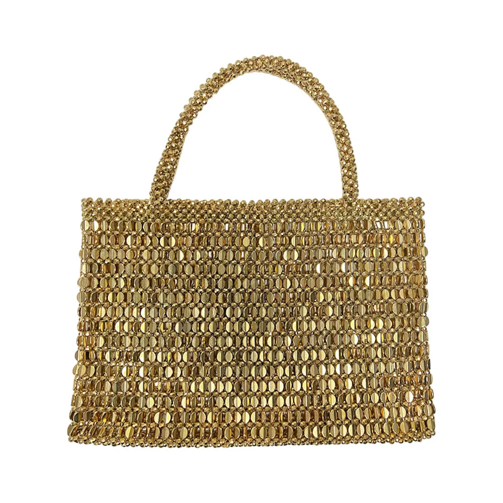 2026 Gold Beaded Woven Long Top Handle Clutch Bag Women Glam Luxury Fashion Runway Wedding Cocktail Formal Party Evening Handbag
