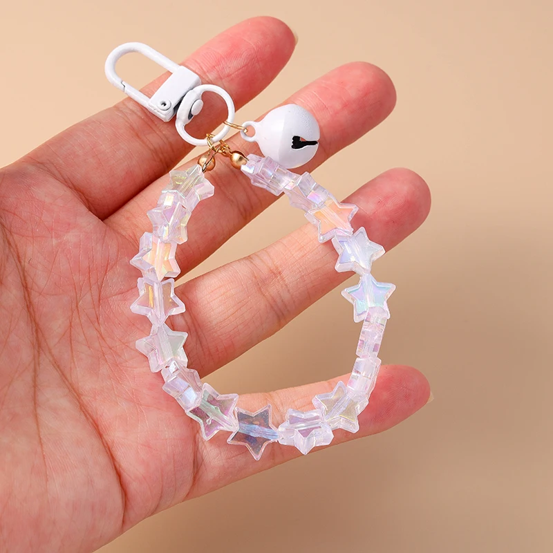 Aihua Bunter Schicker Glas-Popcorn-Ring Glocken-Stern-Perlen-Schlüsselanhänger für Frauen und Mädchen, Handykette, Taschenanhänger, Schlüsselring, Schmuck, Geschenke – Detail 13