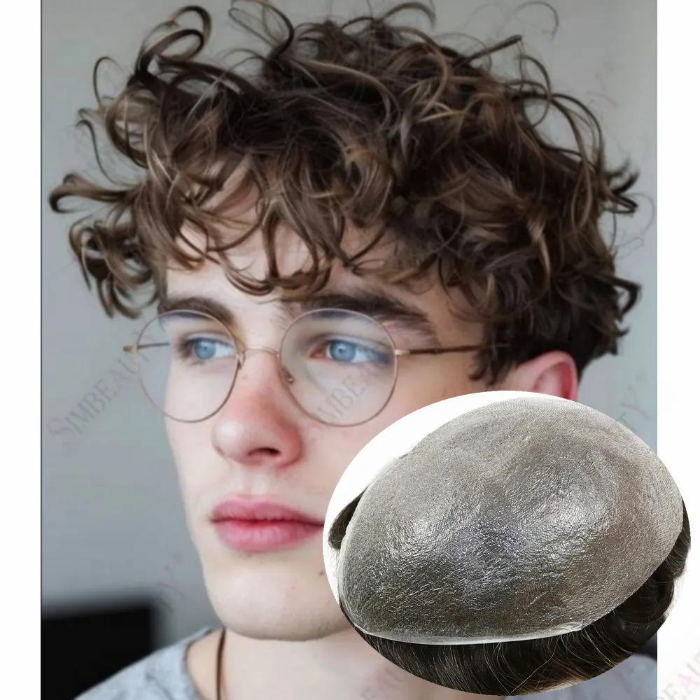 28 مللي متر مجعد الرجال الشعرية prothesis0.02 مللي متر رقيقة جدا الجلد Vlooped الشعر المستعار الرجال الشعر البشري غير مرئية شعري الذكور استبدال الشعر #1