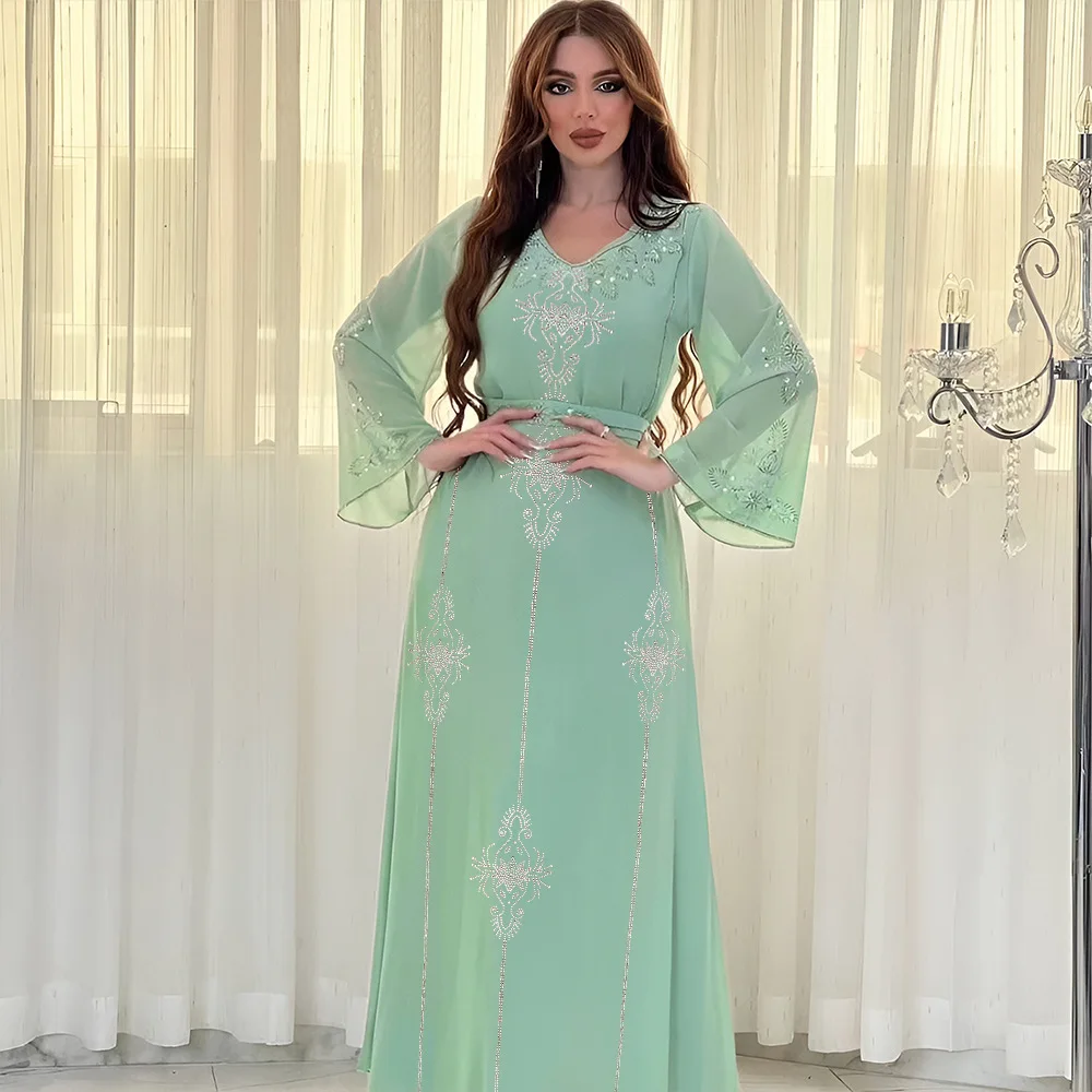 Modest Muslim Women Dress Morocco Caftan Chiffon Diamond Abaya V Neck Long Sleeve Loose Belted Arab Dubai Caftan Marocain Eid