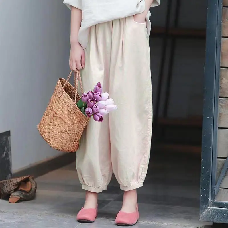 القطن الكتان فضفاض بلون اقتصاص السراويل النساء جديد الصيف البساطة مكتب سيدة واسعة الساق الاتجاه تظهر رقيقة سراويل تقليدية CQ6