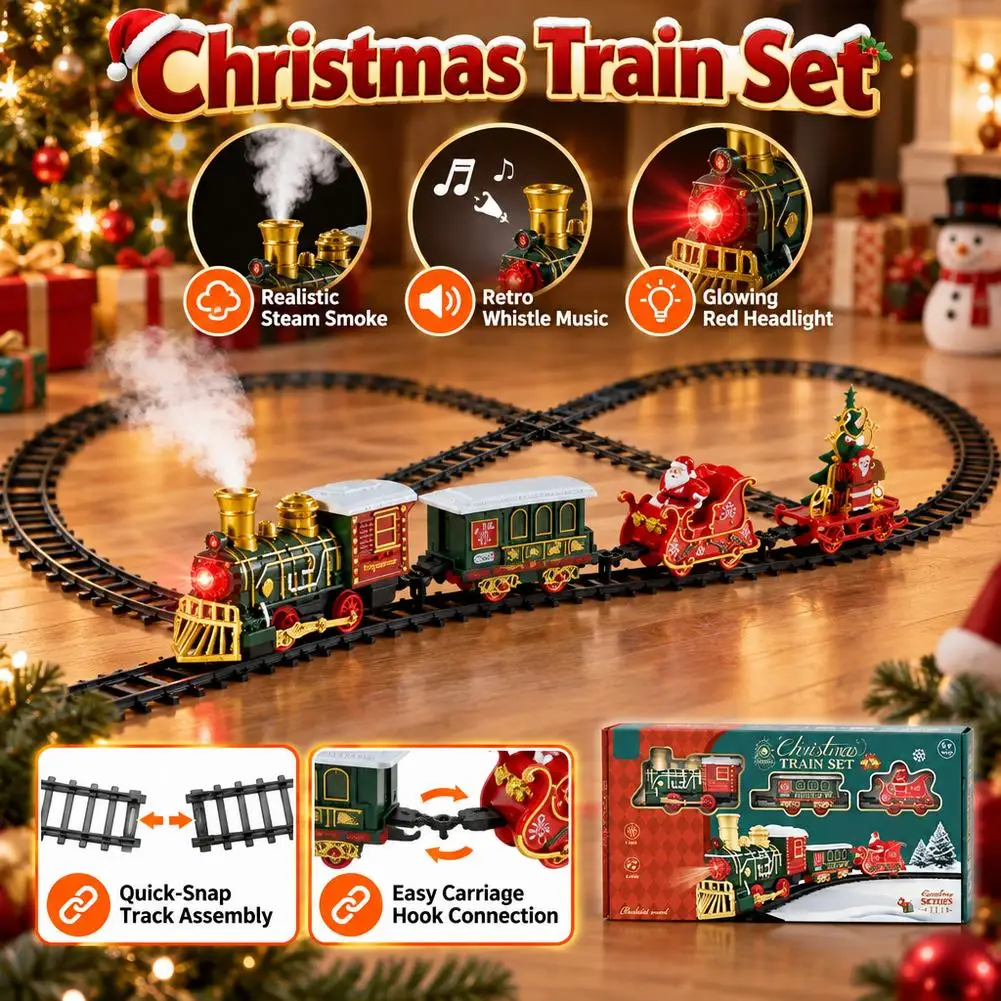 Christmas Train Set Electric Toy Railway With Realistic Steam Smoke Music Lights Kids Holiday Gift Party Decor