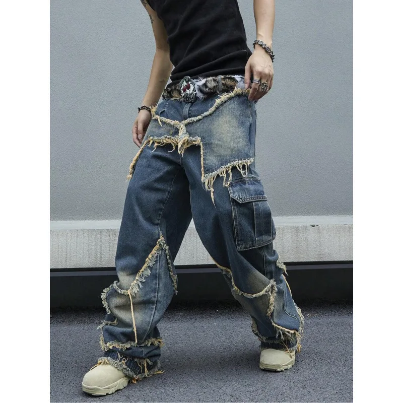 

Frayed Wide Leg Jeans Unbranded Men's Denim Non-Shrinkable Drawstring Neutral Spring Seasonal Casual Trousers