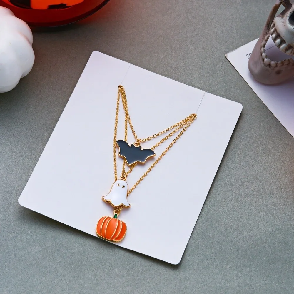 Simple Enamel Halloween Necklace Set Metal Chain Ghost Pendant Jewelry Finger Ring Earrings Pumpkin Pendant Ring Trick or Treat