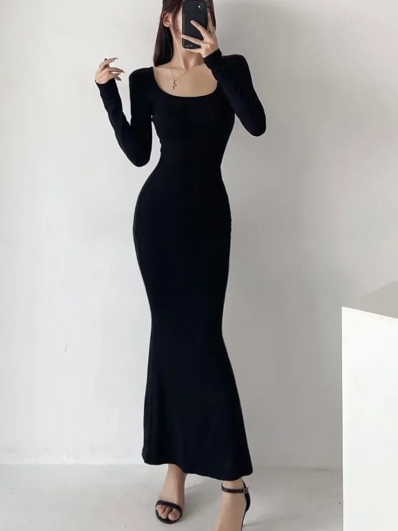 เซ็กซี่สแควร์คอ Fishtail ชุดแน่นรูปห่อสะโพกยาว Vestido ใหม่แฟชั่นเกาหลีเสื้อ Bodycon ชุดราตรี Y2k