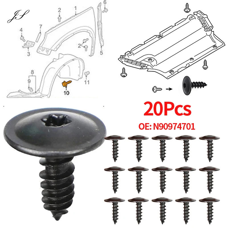 20pc Car Engine Under Cover Splash Guard Clip Self-tapping Screw Clips N90974701 For VW Volkswagen Golf Passat Tiguan Audi A3 A4
