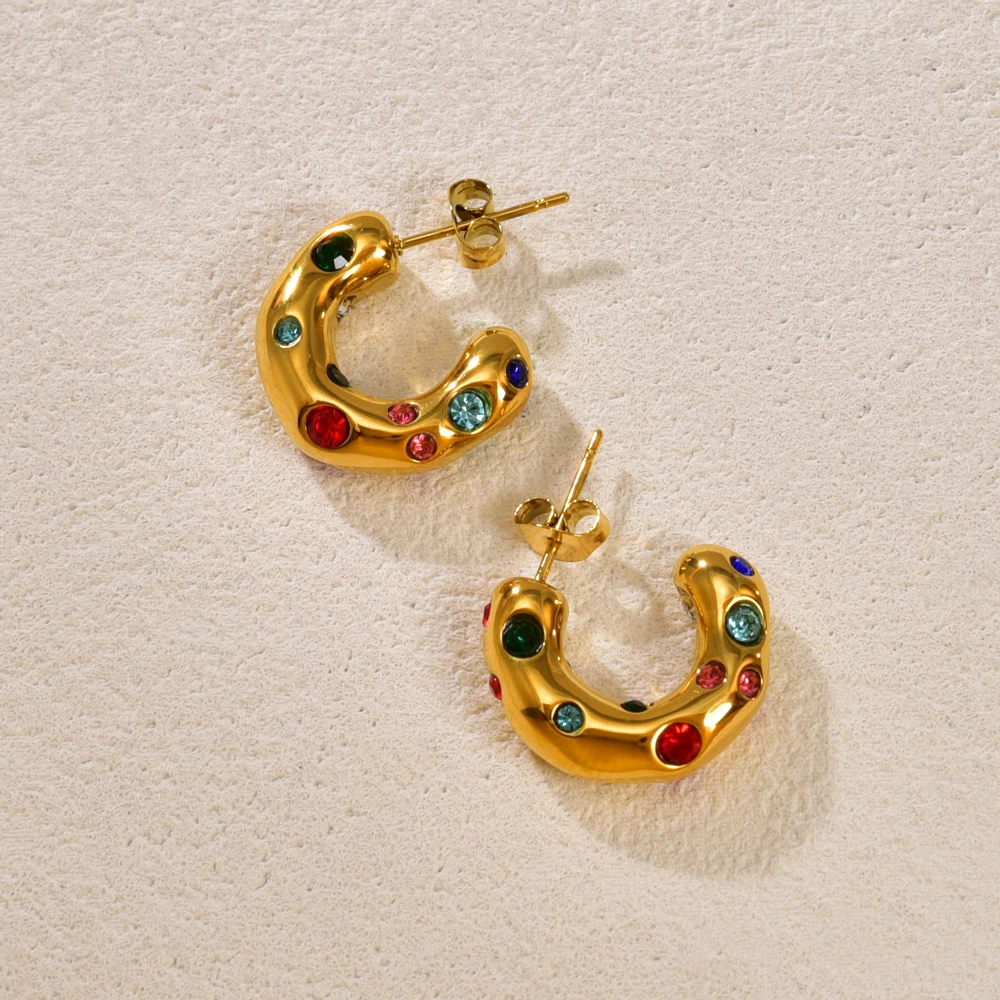 Stainless Steel Stud Earrings Set with colorful Zircon Pearl Irregular Patterns C-Shaped Fashionable Earrings for Women