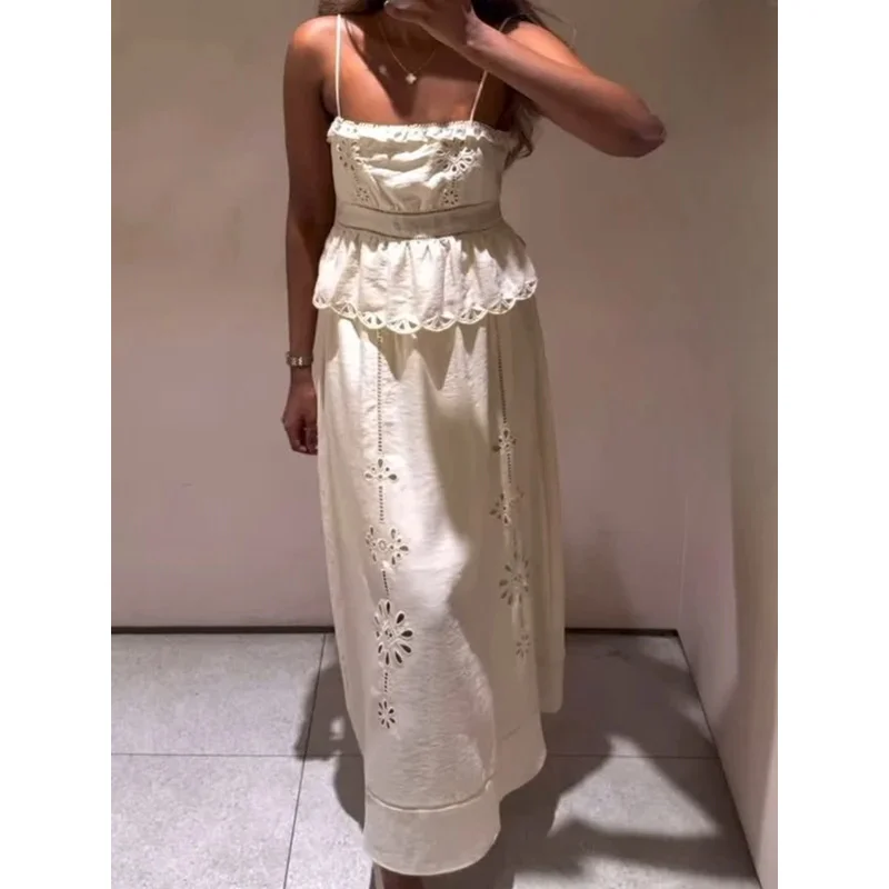 Women's Retro Sleeveless Skirt Suit Hollow Embroidery Short Suspender Top A-Line Elastic Waist Midi Skirt Summer Fashion